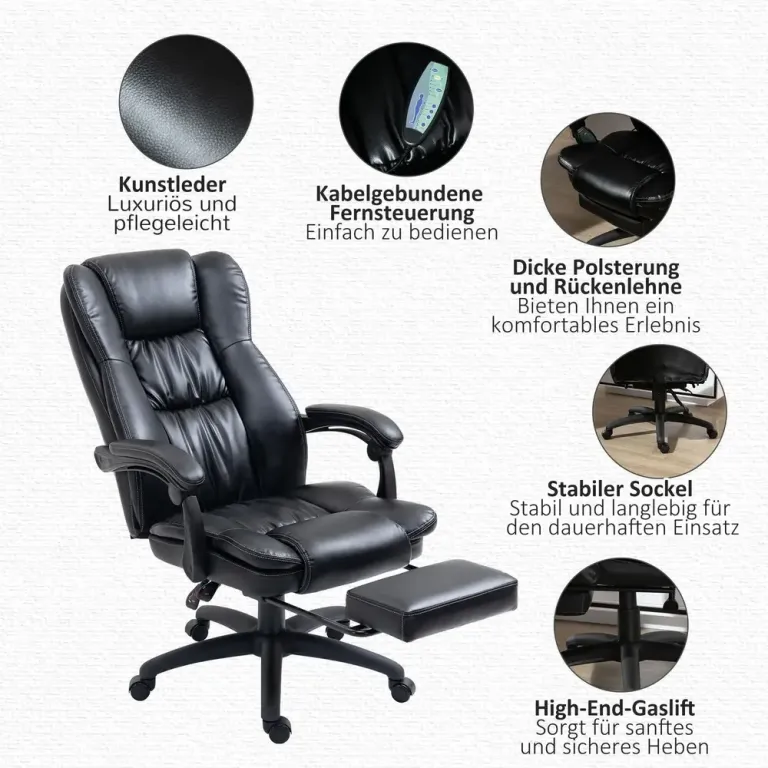 Ergonomisk Kontorsstol med Massage & Fotstöd Svart Funktion Fotsöd