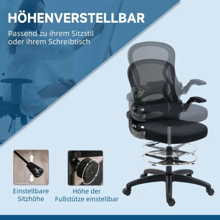 Ergonomisk Ritstol Kontorsstol med Fotring & Mesh Svart Högsäte