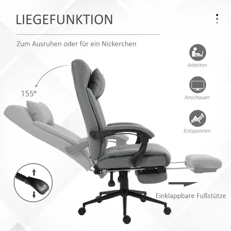 Ergonomisk Kontorsstol med Fotstöd & Liggfunktion Grå