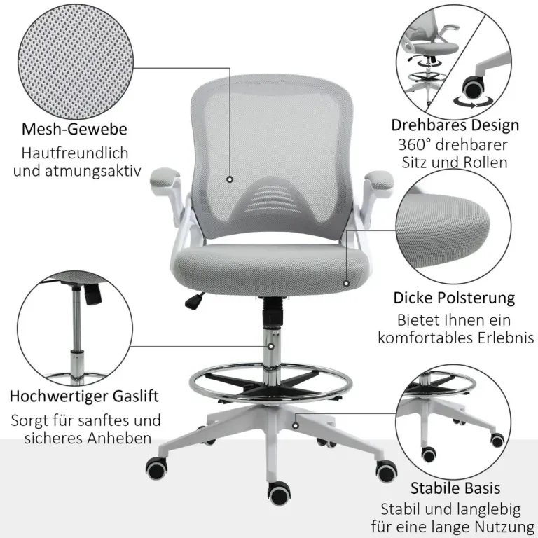 Ergonomisk Kontorsstol med Fotstöd & Ståfunktion Ljusgrå