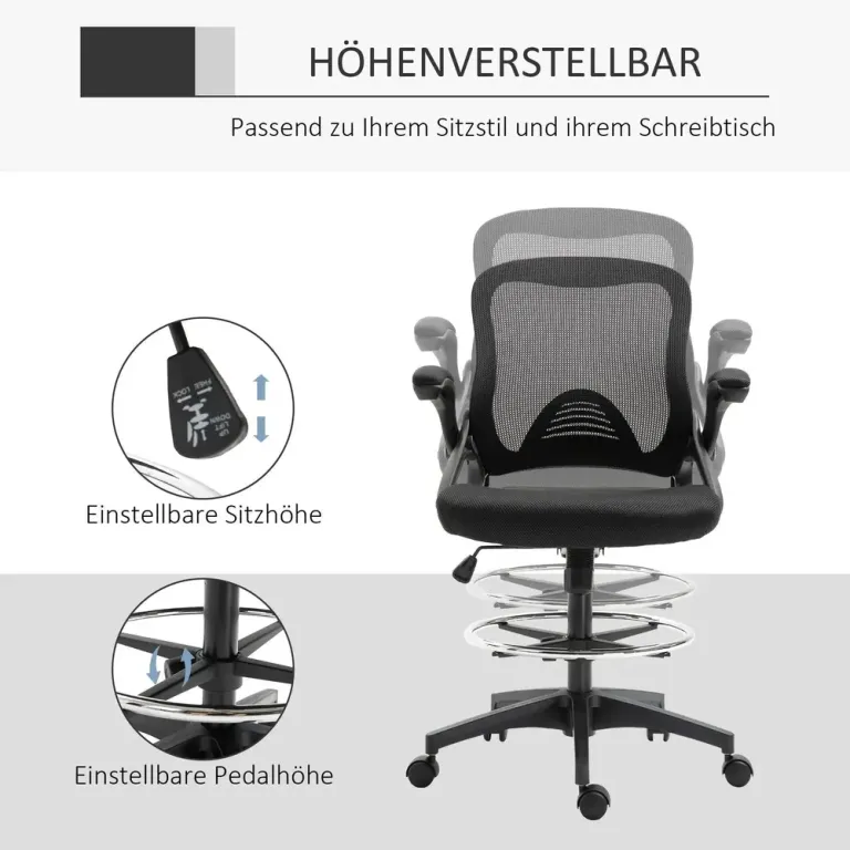Ergonomisk Kontorsstol med Fotstöd & Ståfunktion Svart
