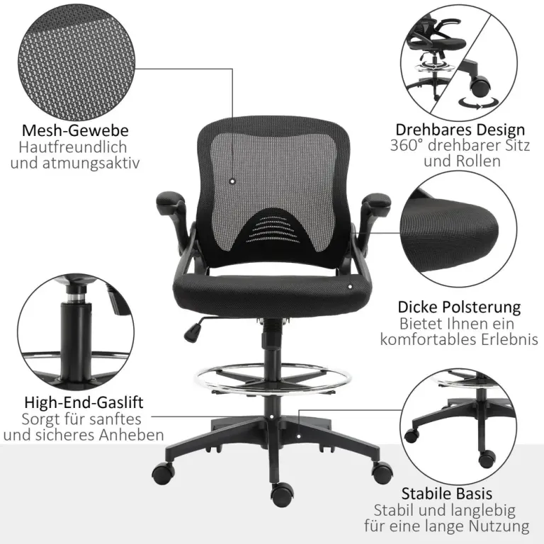 Ergonomisk Kontorsstol med Fotstöd & Ståfunktion Svart