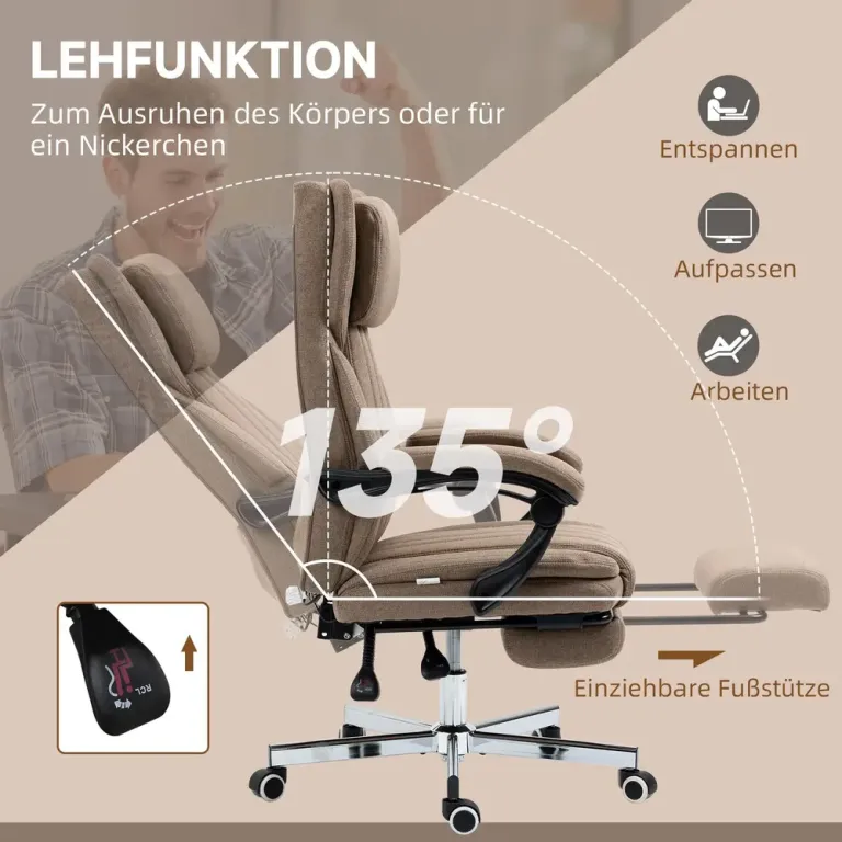 Ergonomisk Kontorsstol med Massage & Fällbart Ryggstöd Brun Fotstöd