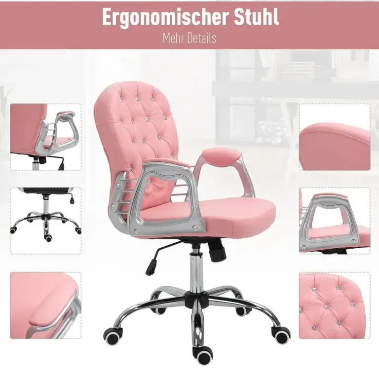 Ergonomisk Kontorsstol Skrivbordsstol Höjbar Rosa Knappar Sammet