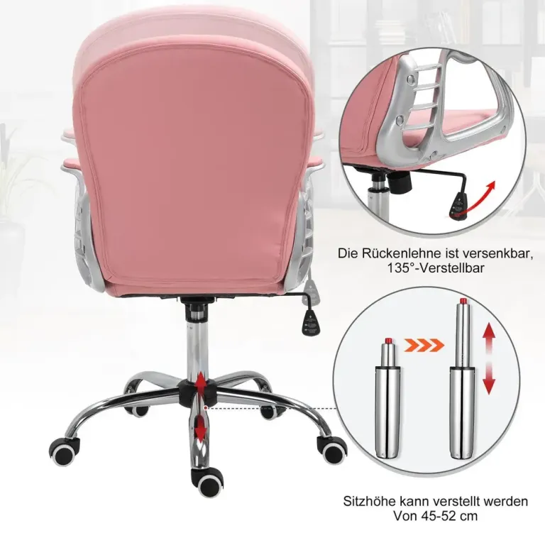 Ergonomisk Kontorsstol Skrivbordsstol Höjbar Rosa Knappar Sammet