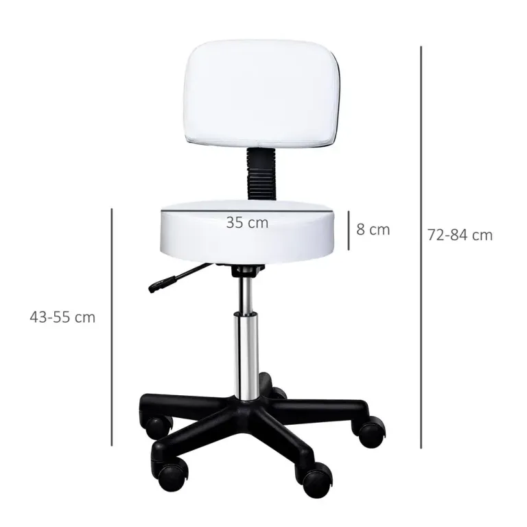 Ergonomisk Rullpall med Ryggstöd Snurrbar 72–84 cm Sänkbar