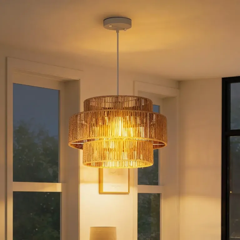 Hänglampa 3-Vånings Lampskärm Metall Hamparep Ljusbrun Pendellampa