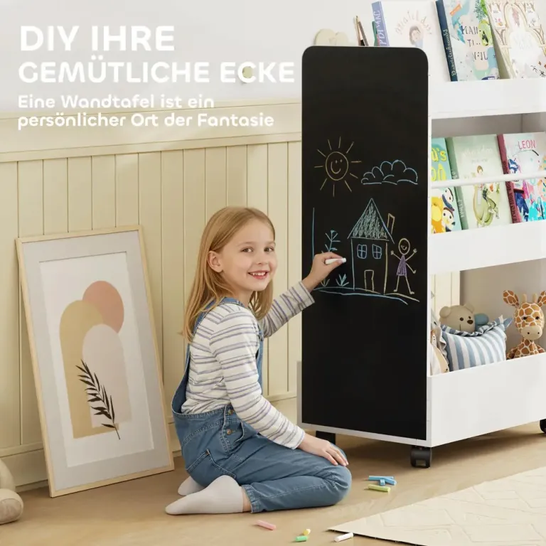Bokhylla Barn med Hjul Vit Trä och MDF för Barnrum 86 cm Hjulfötter