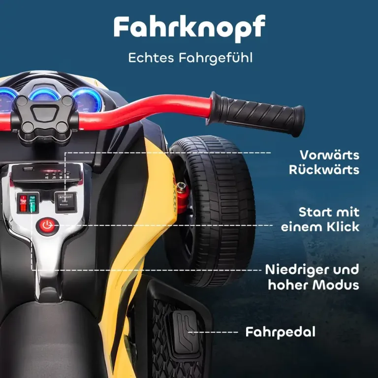 Elektrisk Trehjuling för Barn 12 v, Gul Elektriskt Quad Ljus