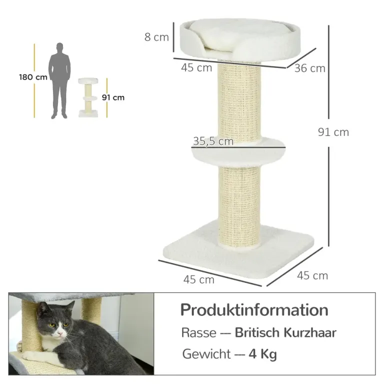 Klösträd 91 cm med Kattsäng och Plattform Lammull Kräm Stora Katter