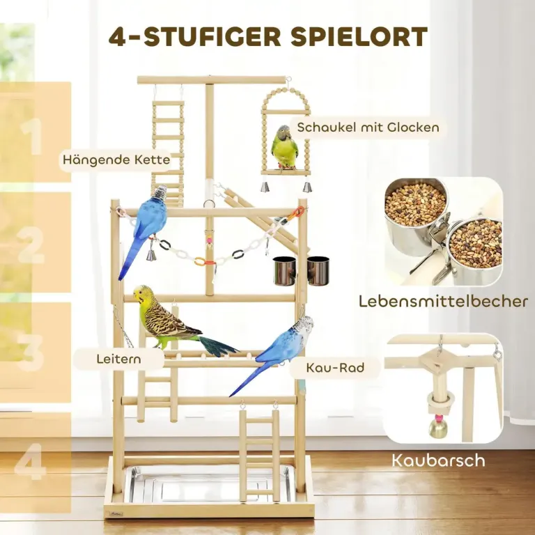 Fågelställning 4 Nivåer Naturfärgad Trä och Rostfritt Stål Fyra