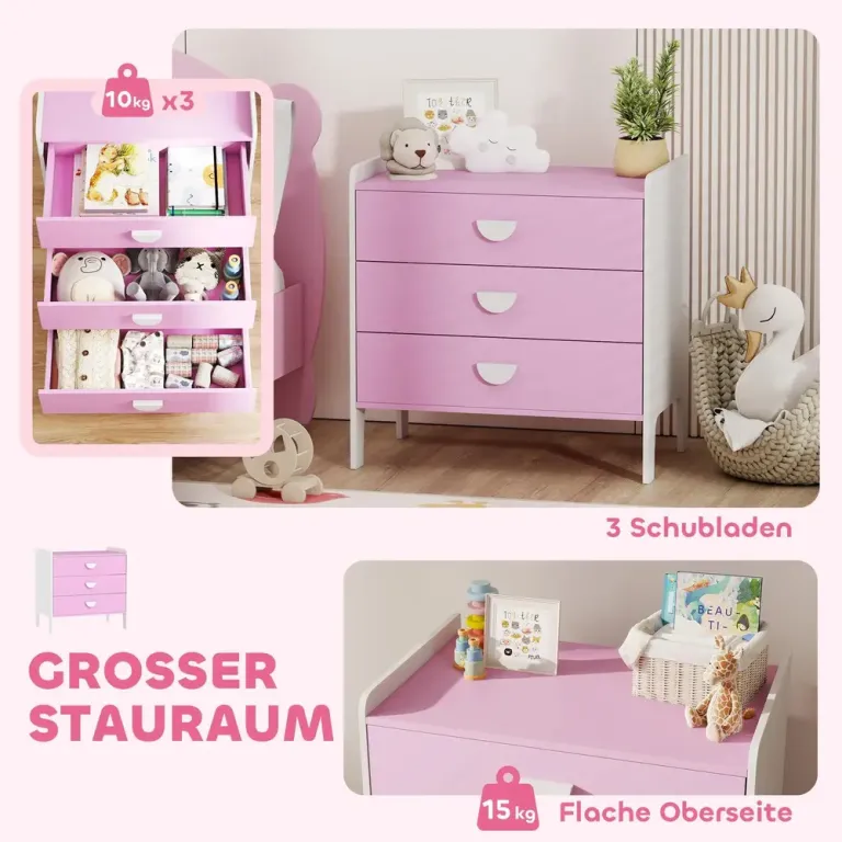 Barnbyrå 3 Lådor i MDF Förvaringsskåp för Barn Rosa Barnvänlig