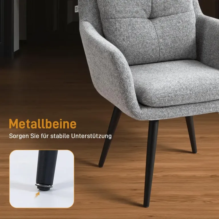 Fåtölj Ljusgrå Linnetyg och Metall Stoppad Stol med Svarta Metallben