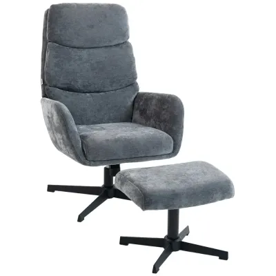 Fåtölj med Fotpall Grå Tyg och Metall Loungestol med Hög Metallbas