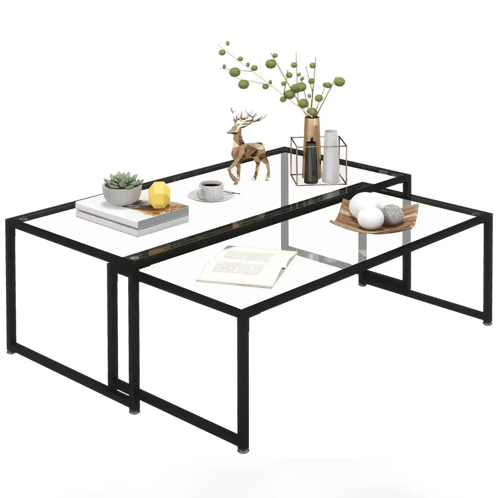 Set 2 Soffbord i Glas Pulverlackerat Stål Svart +