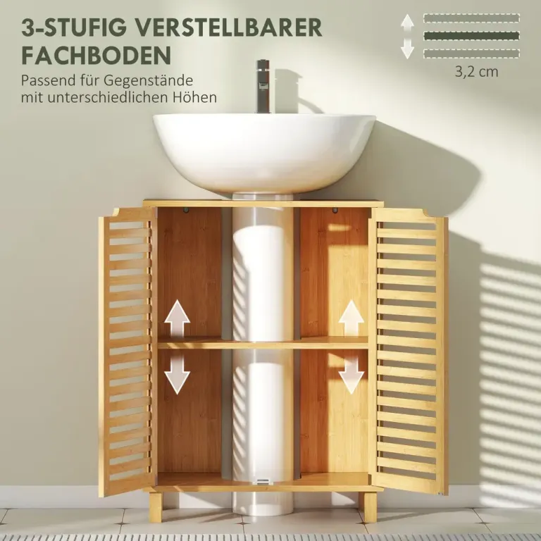 Badrumsskåp Högskåp med Dörrar och Hyllplan Vit 60 cm Natur Bambu