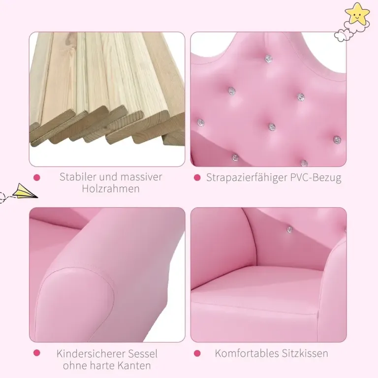 Barnfåtölj Mjuk Minisoffa, Rosa Fotpall