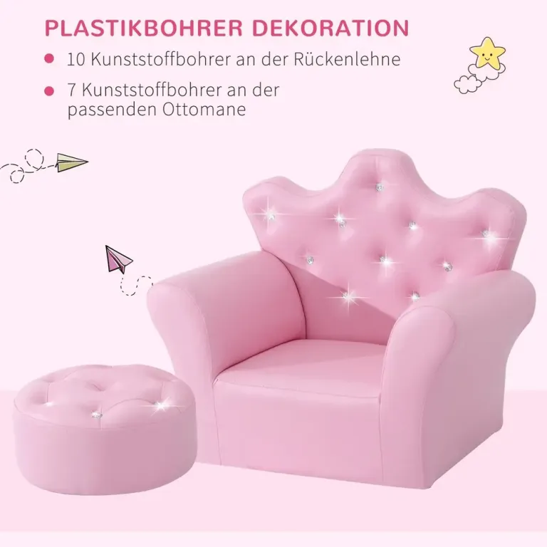 Barnfåtölj Mjuk Minisoffa, Rosa Fotpall