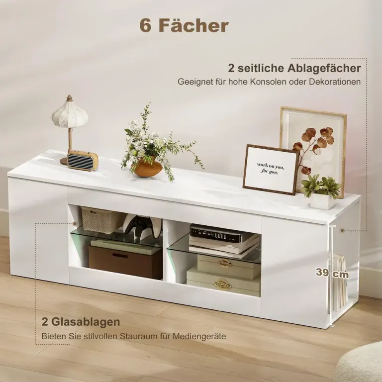 TV-Bänk Vit Spånskiva och Glas Mediamöbel 6 Fack 140 cm Hyllor