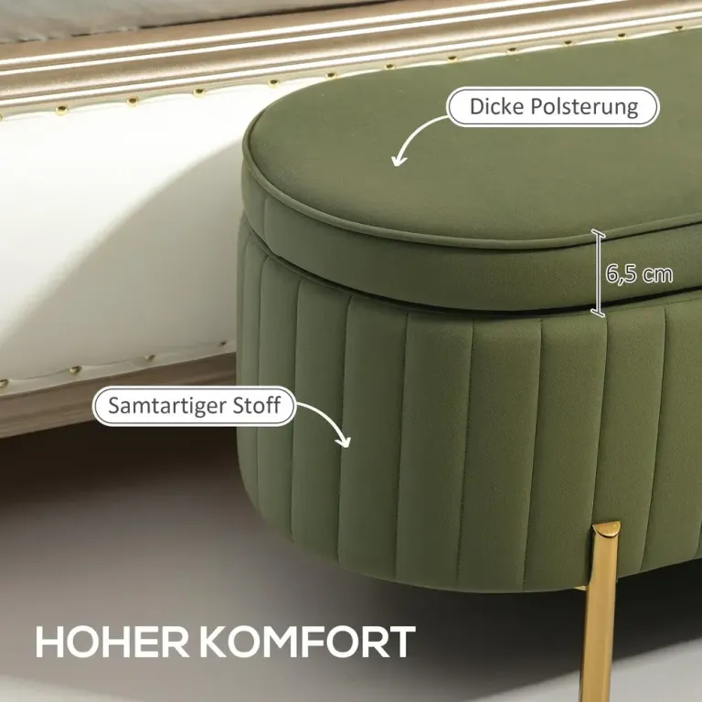 Förvaringsbänk med Gångjärnslock och Tygöverdrag i Trä Oval Mörkgrön