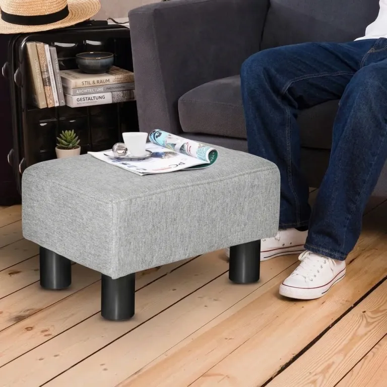 Fotpall Ottoman Grå av Linne och Trä Rektangulär Stoppad Benstöd