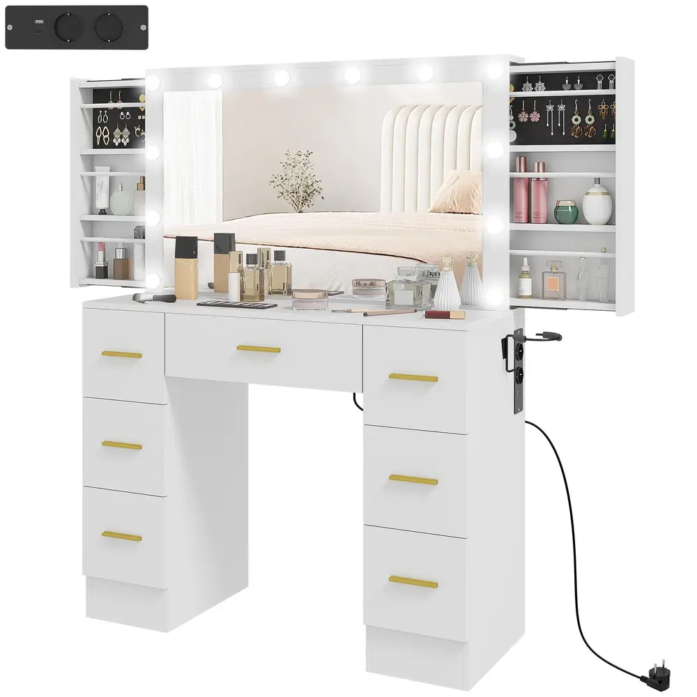 Sminkbord med Spegel 12 LED-Lampor 7 Lådor 6 Dolda