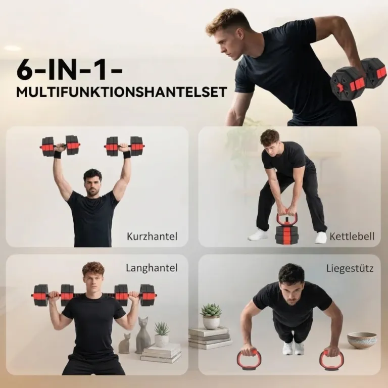 Hantelset 25 kg Röd Plast och Metall för Hemmagym 6 i 1 Justerbart