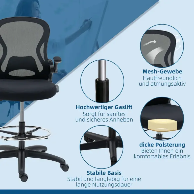 Ergonomisk Ritstol Kontorsstol med Fotring & Mesh Svart Högsäte