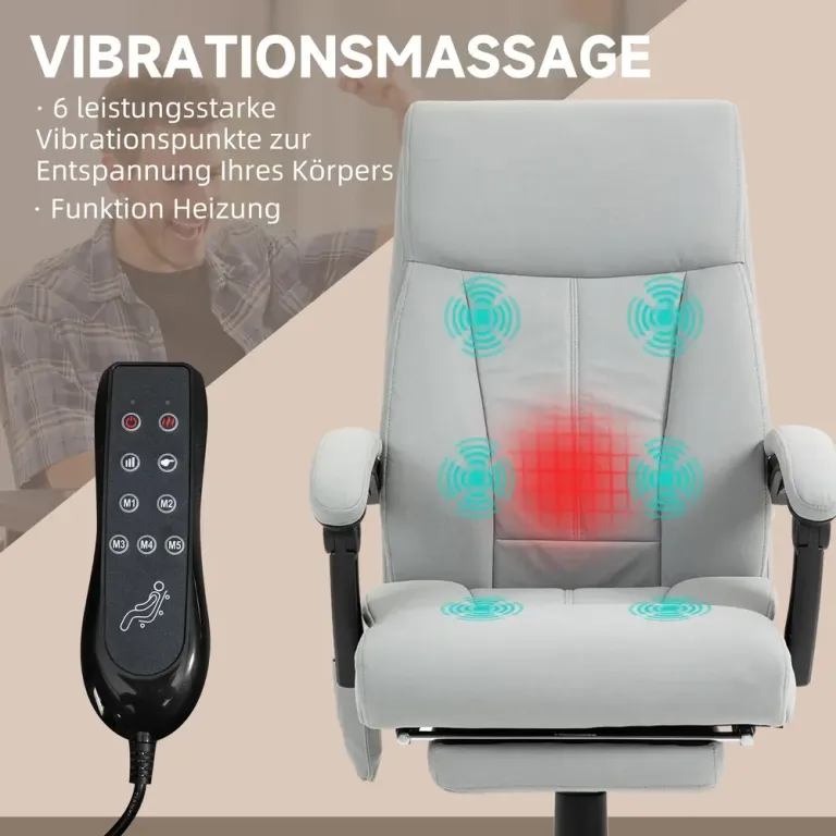 Kontorsstol med Massage- och Värmefunktion Samt Fotstöd Ljusgrå