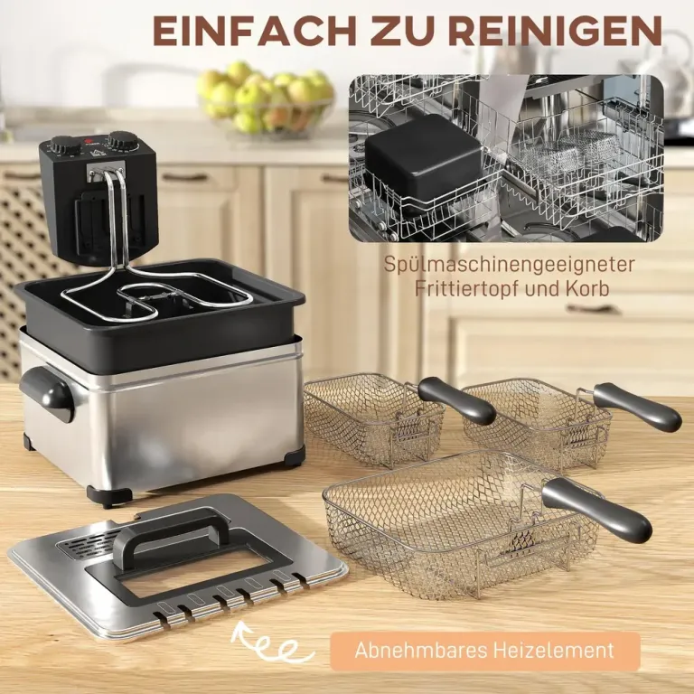 Fritös 5 l med Timer Visningsfönster 2000 w Effekt, Silver Elektrisk