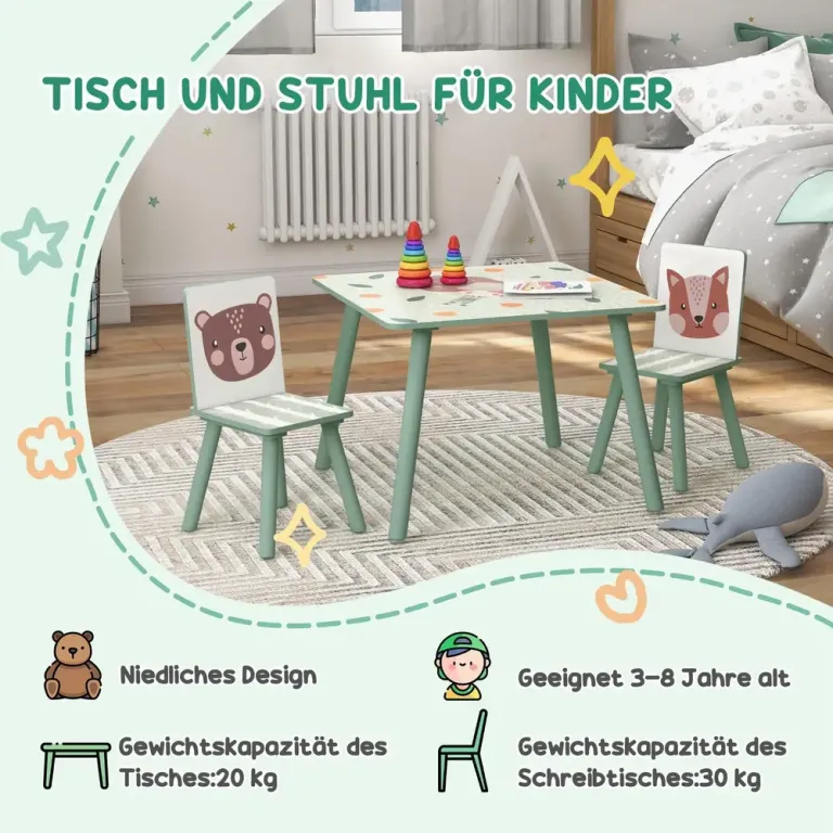 Barnbord Sittgrupp Grön av MDF och Furu för Barn 3-8 År Set Stolar