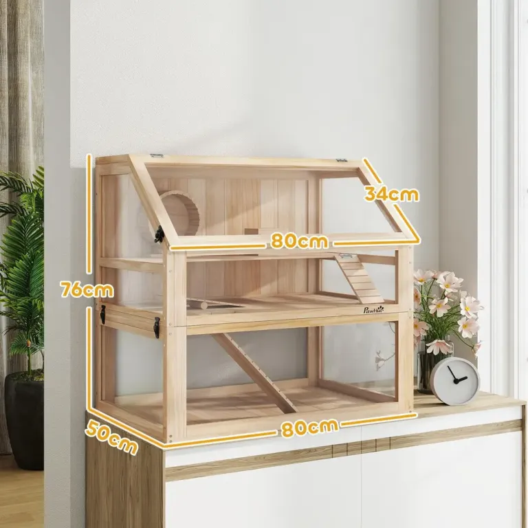 Hamsterbur i Trä 3 Nivåer Löphjul Naturträ