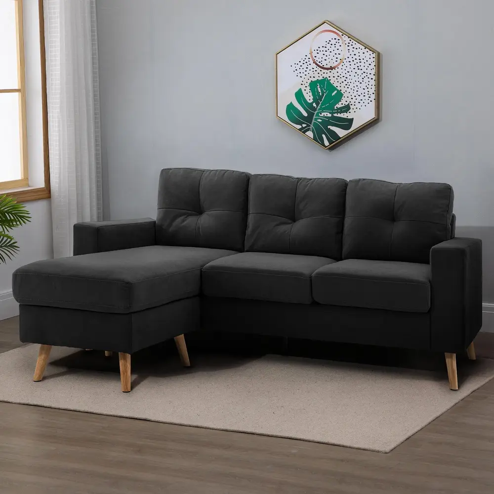 Hörnsoffa L-Form Soffa Svart av Tyg med Linnelook 3-Sits