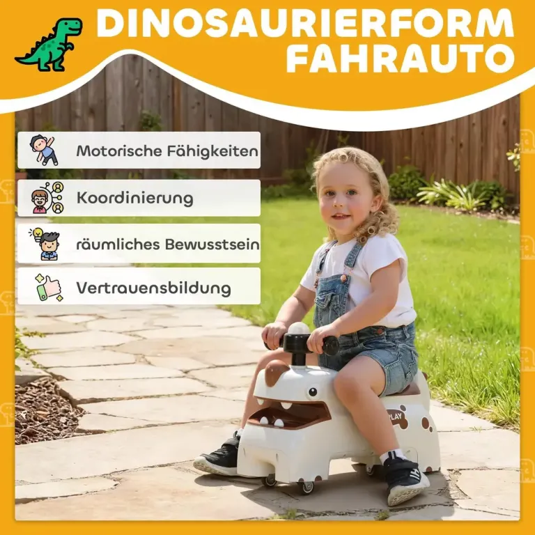 Gåbil Dino- Gräddvit och Brun Plast för Barn Leksaksbil Åkbil Ljud