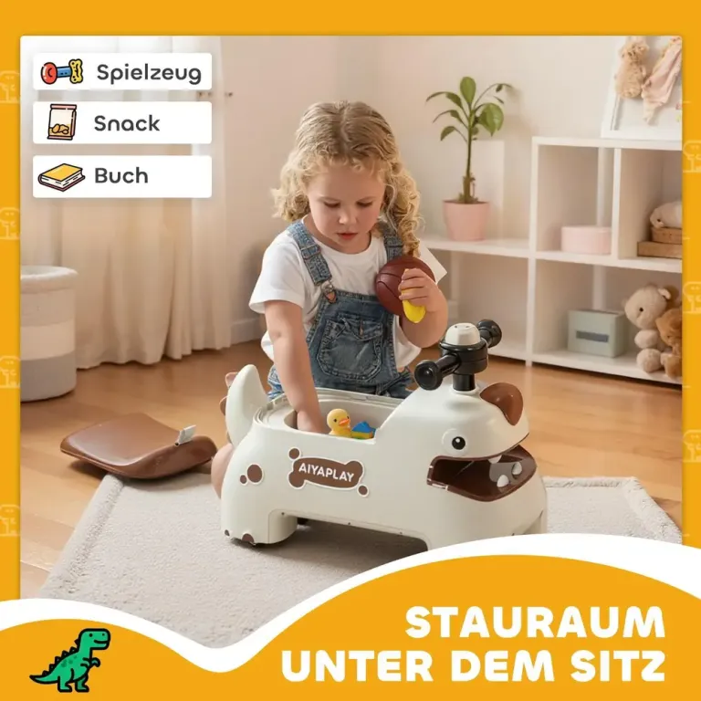 Gåbil Dino- Gräddvit och Brun Plast för Barn Leksaksbil Åkbil Ljud