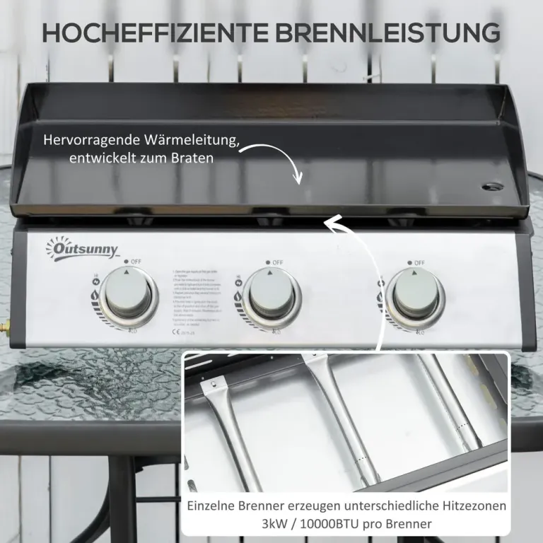 Gasolgrill Bordsgrill 3 Brännare Silver Grillplatta Stick Bärbar