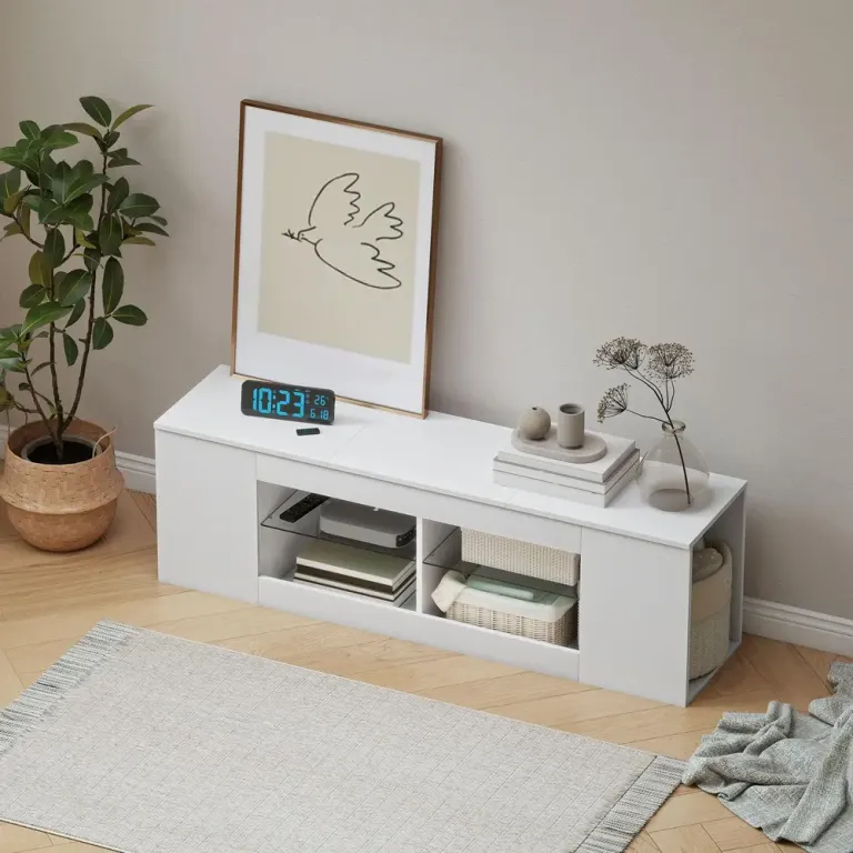 TV-Bänk Vit Spånskiva och Glas Mediamöbel 6 Fack 140 cm Hyllor