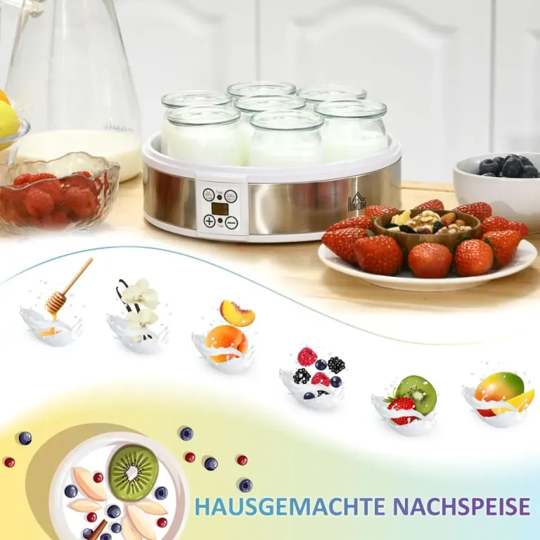 Yoghurtmaskin 7 Glas Rostfritt Stål, Vit Temperatur Tidskontroll