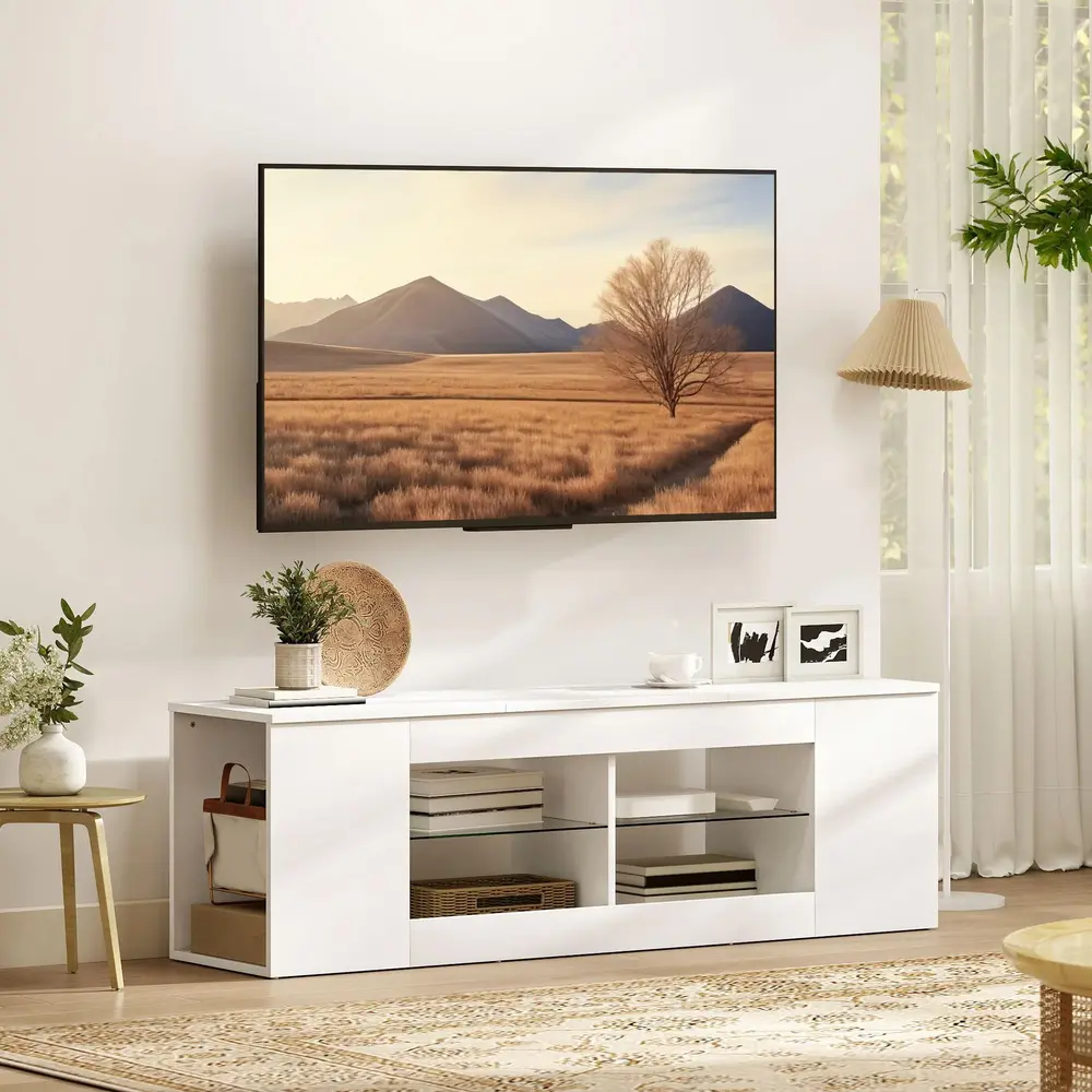 TV-Bänk Vit Spånskiva och Glas Mediamöbel 6 Fack 140 Cm