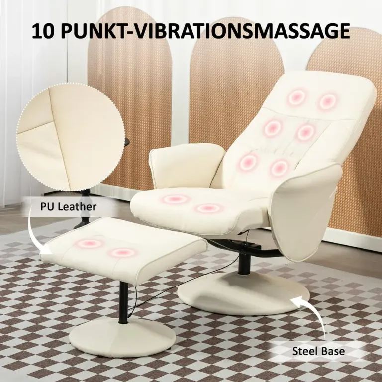 Massagestol med Fotpall 10 Relax Fåtölj Massagefunktion Krämvit