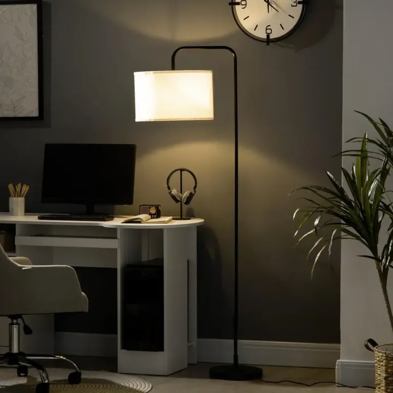 Golvlampa Svart av Metall Lampa, Vit Rund Tygskärm