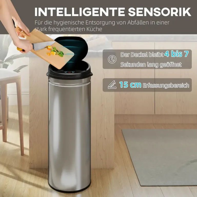 Sensorstyrd Papperskorg 50 l i Rostfritt Stål, Silver Soptunna Lock