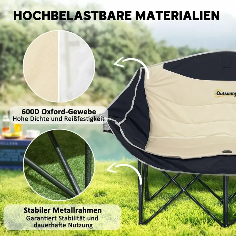 Hopfällbar Campingstol 2-Sits med Mugghållare, Khaki Dubbel