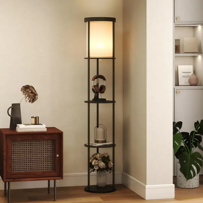 Golvlampa med Hyllor Svart MDF och Tyg Hylllampa 3 Plan Rund Hylla