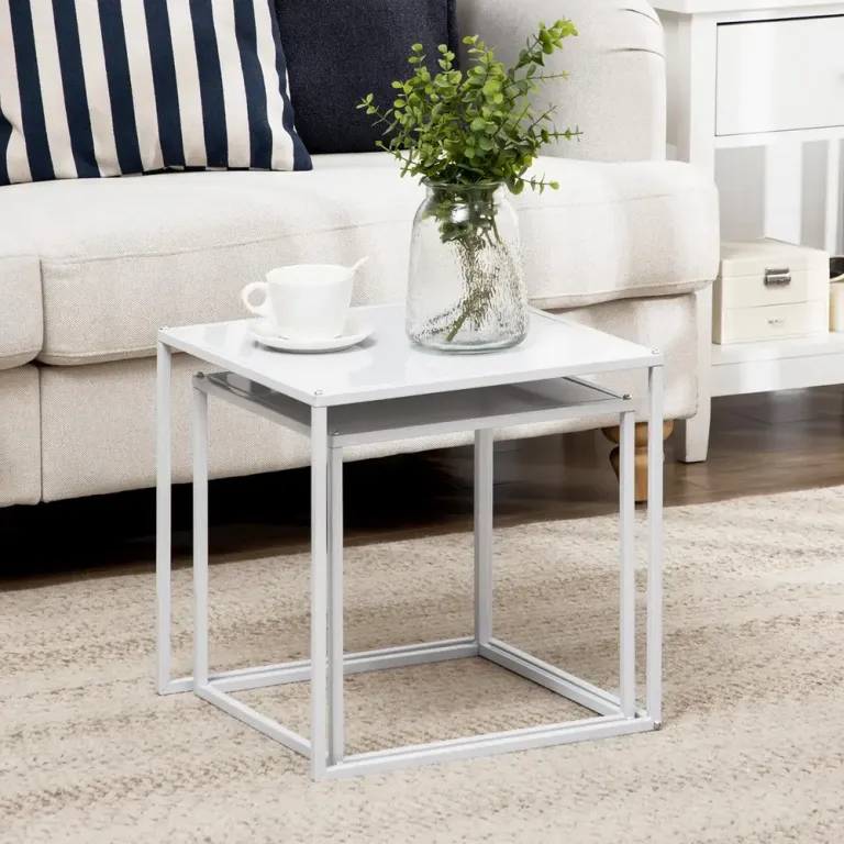Soffbord Vit av Stål och Trä Set om 2 Fyrkantiga Modern Design