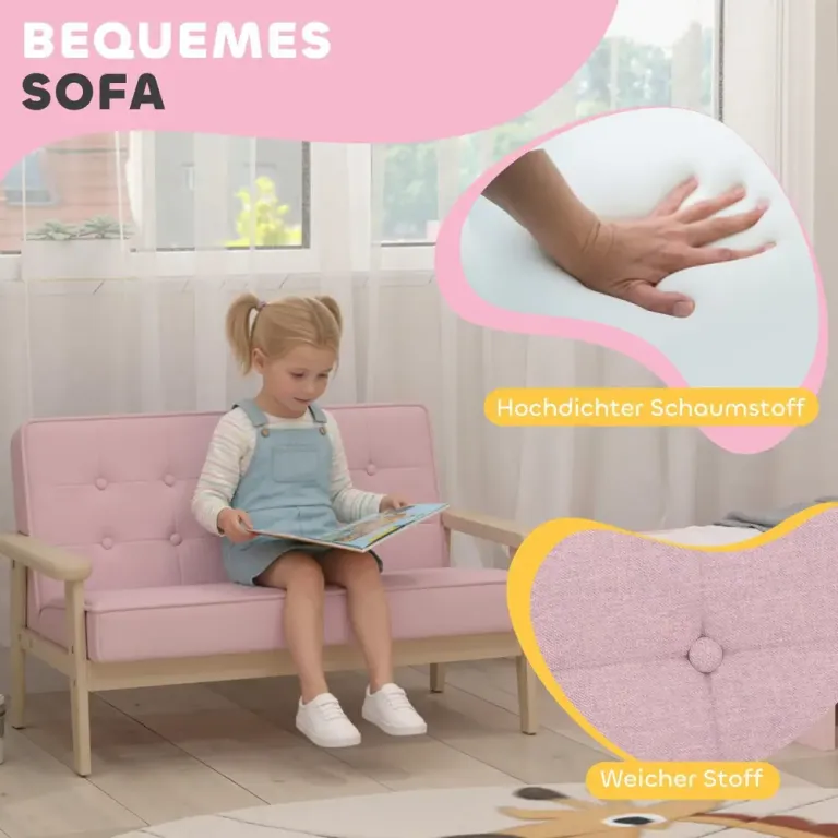 Barnfåtölj Sammet Rosa Trä och Tyg för Barnrum Mjuk Barnsoffa Träram