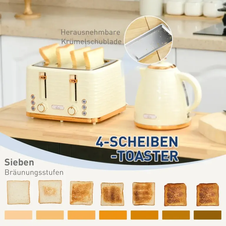 2-i-1 Brödrost och Vattenkokare 7 Bryningsnivåer, Beige Skivor Blank