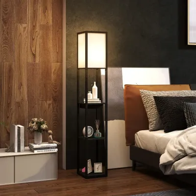 Golvlampa 3-Våningshylla Fotkontakt och USB-Portar, Vit