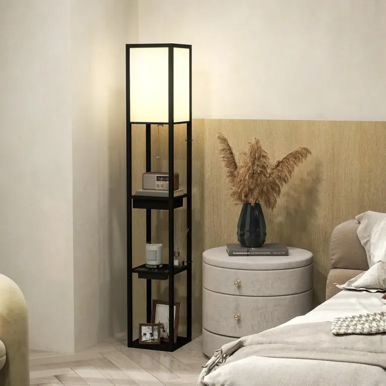 Golvlampa 3-Våningshylla Fotkontakt och USB-Portar, Vit Nivåer