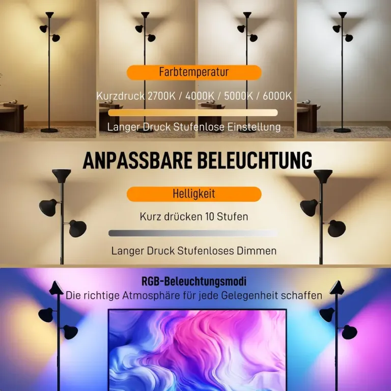 Golvlampa Dimbar Svart Metall 3 Roterbara Huvuden RGB Justerbara